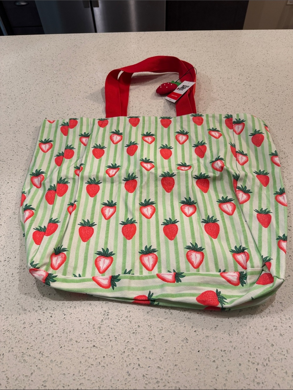 Strawberry Print Tote Bag with Red Handles